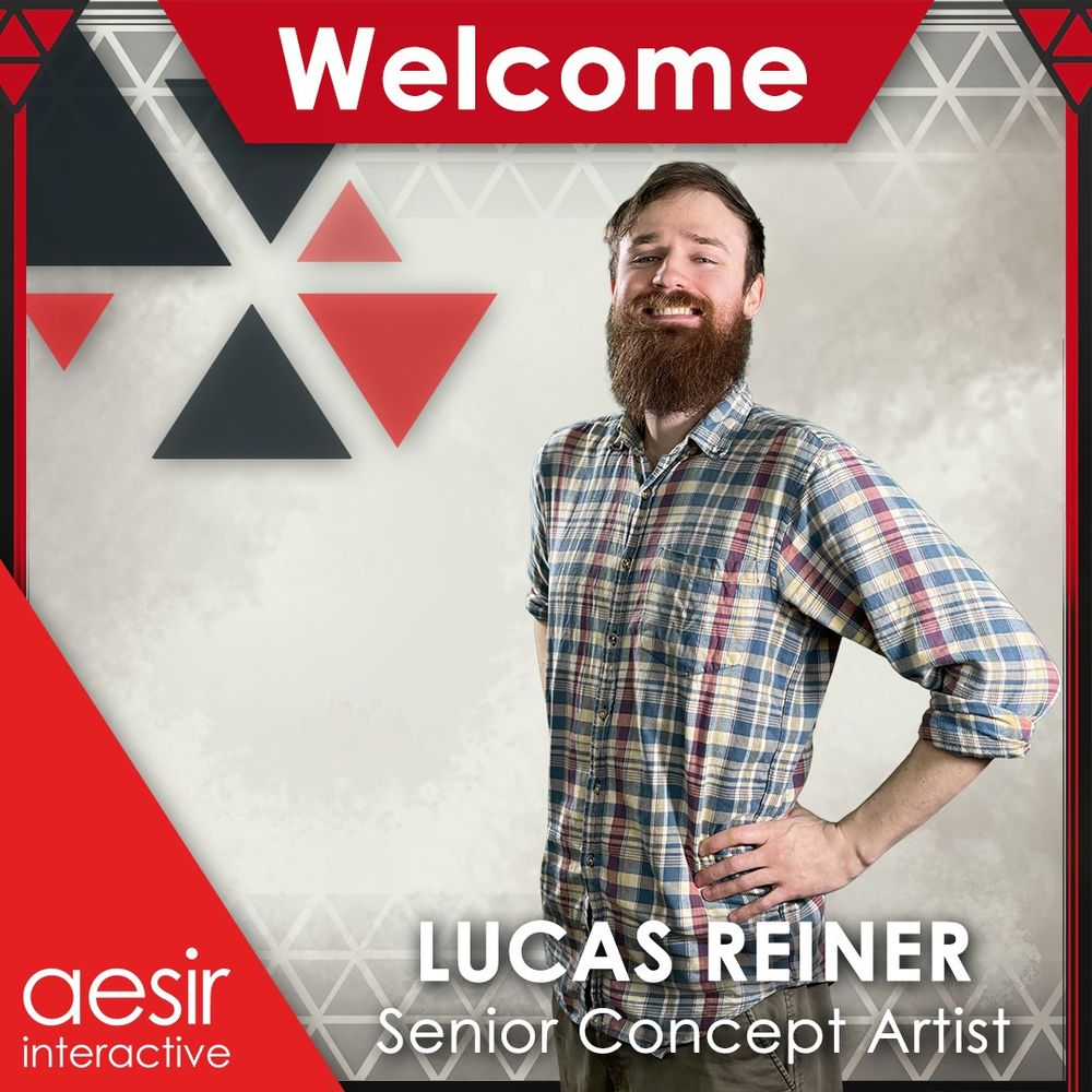 Heroic image of an employee smiling into the camera, standing 45 degrees, and with hands on his hips. They are surrounded by a graphic banner which says "Welcome", "Lucas Reiner", "Senior Concept Artist", and "Aesir Interactive".