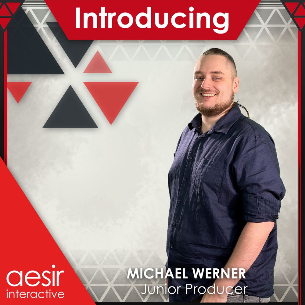 Image of an employee smiling into the camera, standing 45 degrees. She is surrounded by a graphic banner which says "Introducing", "Michael Werner", "Junior Producer", and "Aesir Interactive".