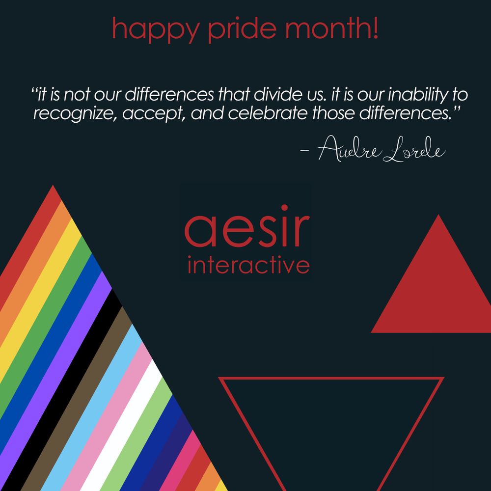 A 1x1 image with a dark blue background. The text says in descending order from the top: "happy pride month!", "it is not our differences that divide us. it is our inability to recognize, accept, and celebrate those differences. - audre lorde" and the Aesir Interactive logo. The bottom of the frame has 3 randomly-placed triangles, one of which is comprised of the many represented colors used during Pride Month to create a repeating rainbow.