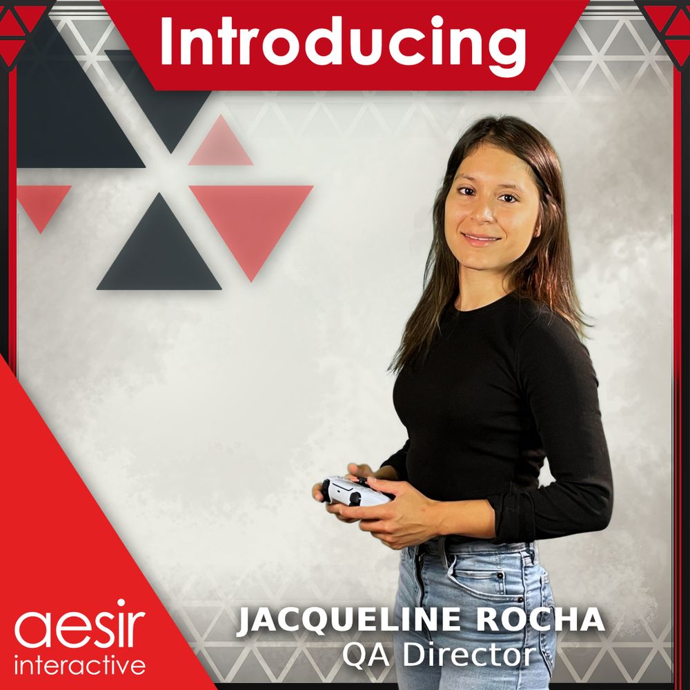 Image of an employee smiling into the camera, standing 45 degrees. Holding in her hands a white PS5 controller. She is surrounded by a graphic banner which says "Introducing", "Jacqueline Rocha", "QA Lead", and "Aesir Interactive".