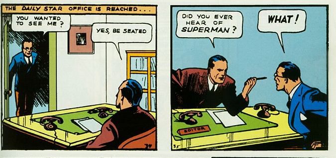 A panel from one of the earliest Superman comics showing Superman working in a newspaper explicitly referred to as "the daily star"