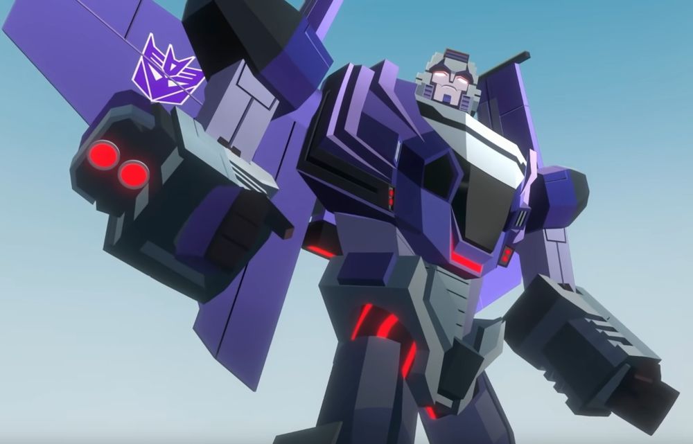 Screenshot of CV Astrotrain, from the knees up, looking down at the viewer. He big.