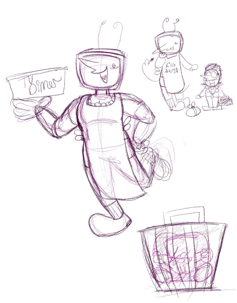 Messy sketch of Tenna standing on one foot while he happily presents his "home microwaved TV Dinner, ready to serve !" 

Top right corner has a doodle of Tenna in his apron next to Spamton in a suit with a suit case, their Pipis baby between them on the floor. Picture perfect family (?). 

Bottom right has a messy doodle of a tiny tenna in a cage. 