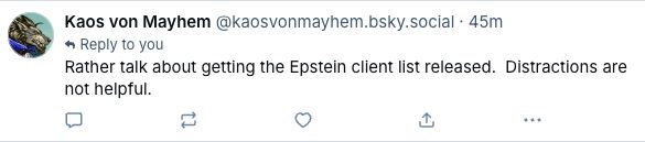 A reply to a piece of mine criticizing it as a distraction because it's not about....Jeffrey Epstein. Weird! 