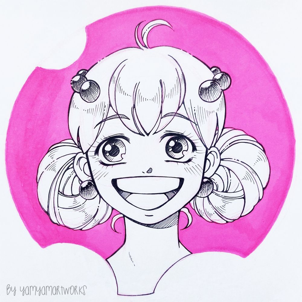 Das Gericht eines lachendes Mädchens. Schmuck und Frisur sind kreisförmig. Im Hintergrund ist ein pinker Kreis zu sehen mit runden Aussparungen.