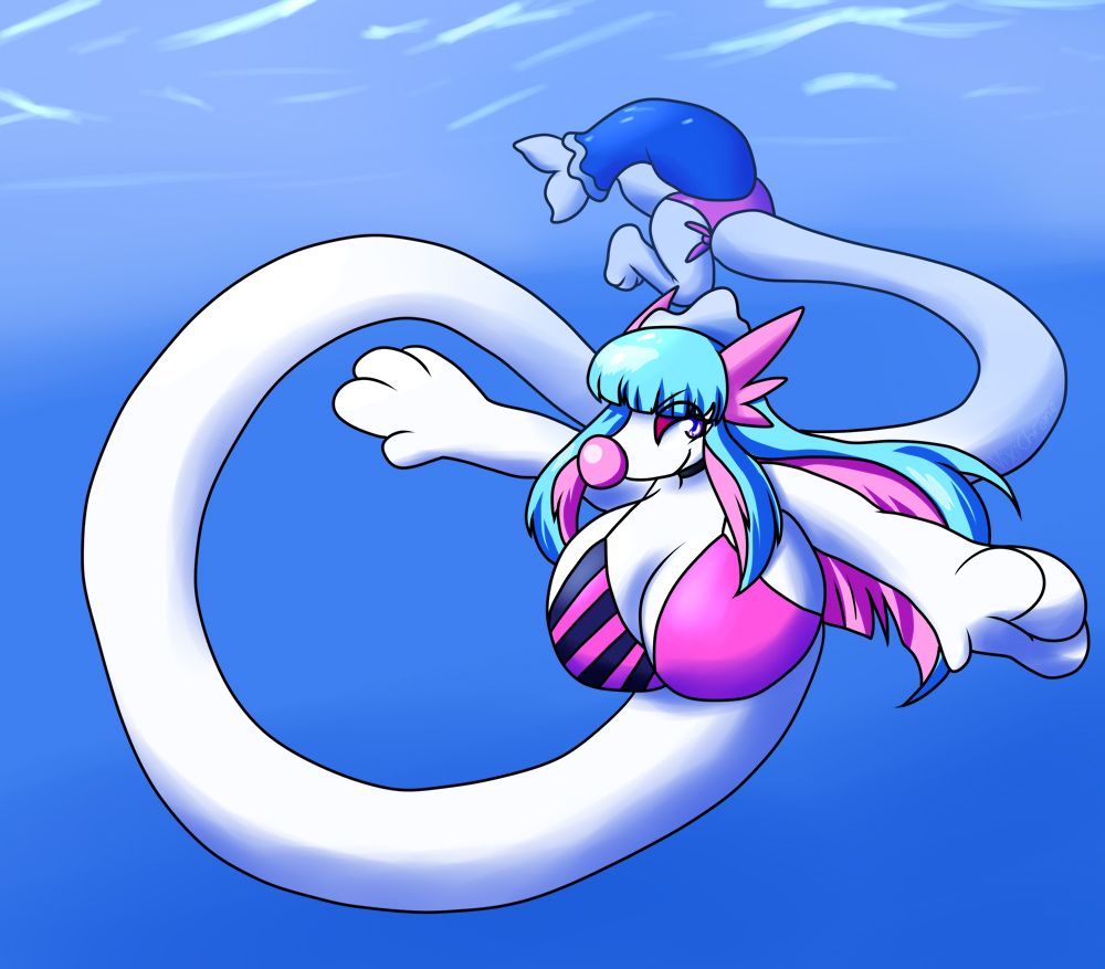Illustration of Jinx the furry Primarina girl with an elastic, stretched-out midsection as she's swimming underwater.