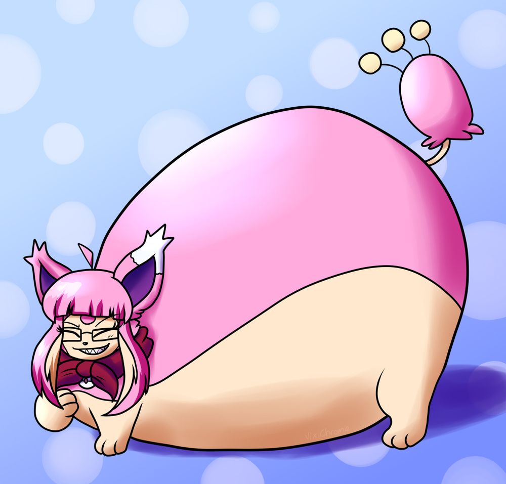 Drawing of Jinx the Skitty, in the Pokemon Mystery Dungeon setting, with a large, exaggerated pear-shaped body.