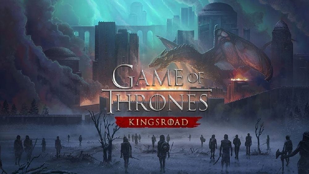 Poster for "Game of Thrones: Kingsroad" landscape of snow, clouds, soldiers, and a dragon breathing fire on a city.