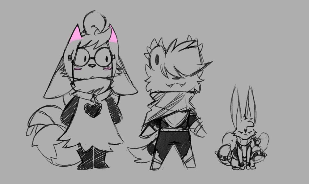 Chibi sketches of Jasper, Feza, and Kisandra dressed up as Ralsei, Kris, and Susie respectively. 