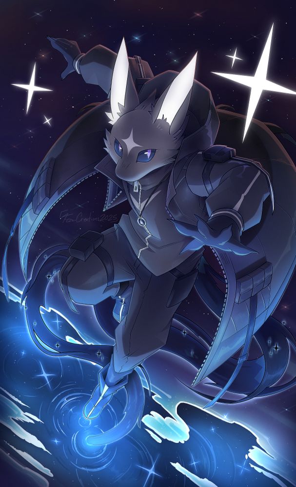 A cat-like being in techwear jumping out of a space rift against a backdrop of stars.