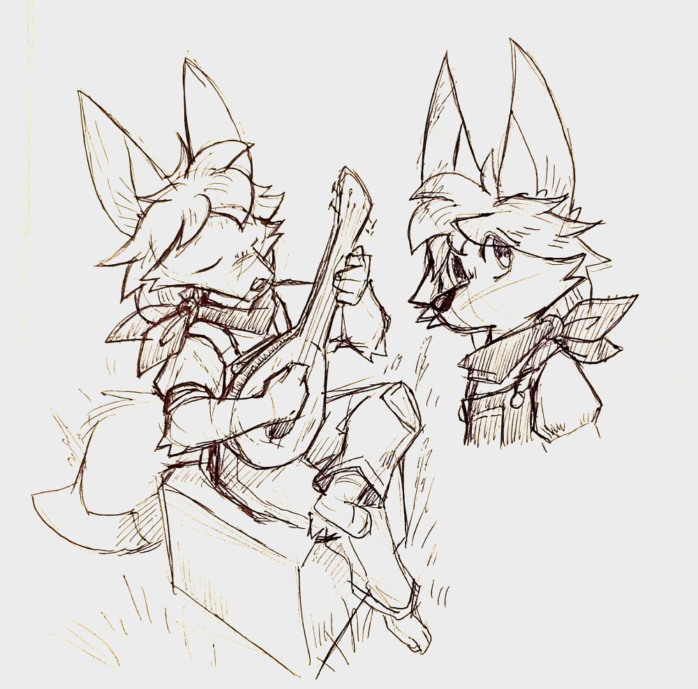 A sketch of a younger Jasper in overalls playing a lute guitar. He has very large ears and eyes.