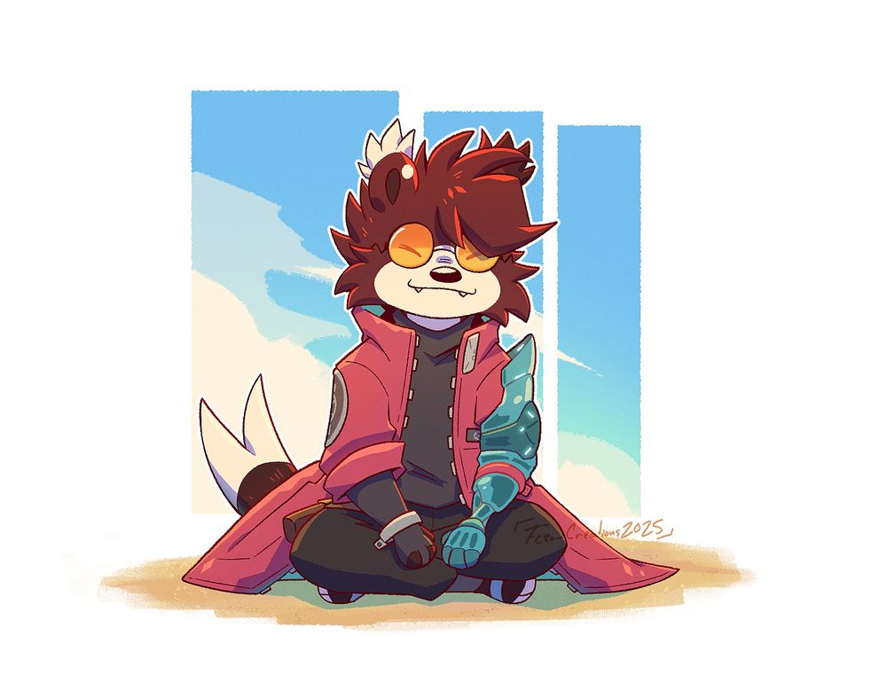 Feza, sitting on the ground happily while wearing Vash the Stampede's outfit from Trigun Stampede.