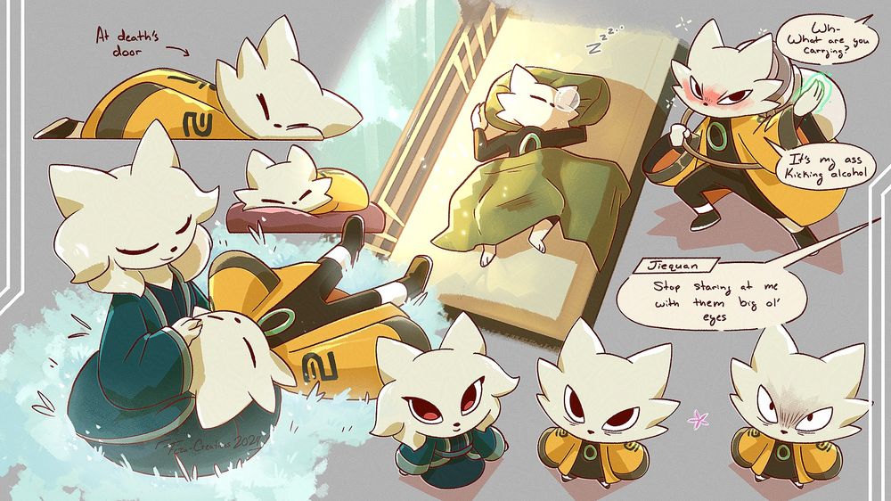 Various mini scenes of Yi and Heng from Nine Sols. Yi is sleeping in half of them