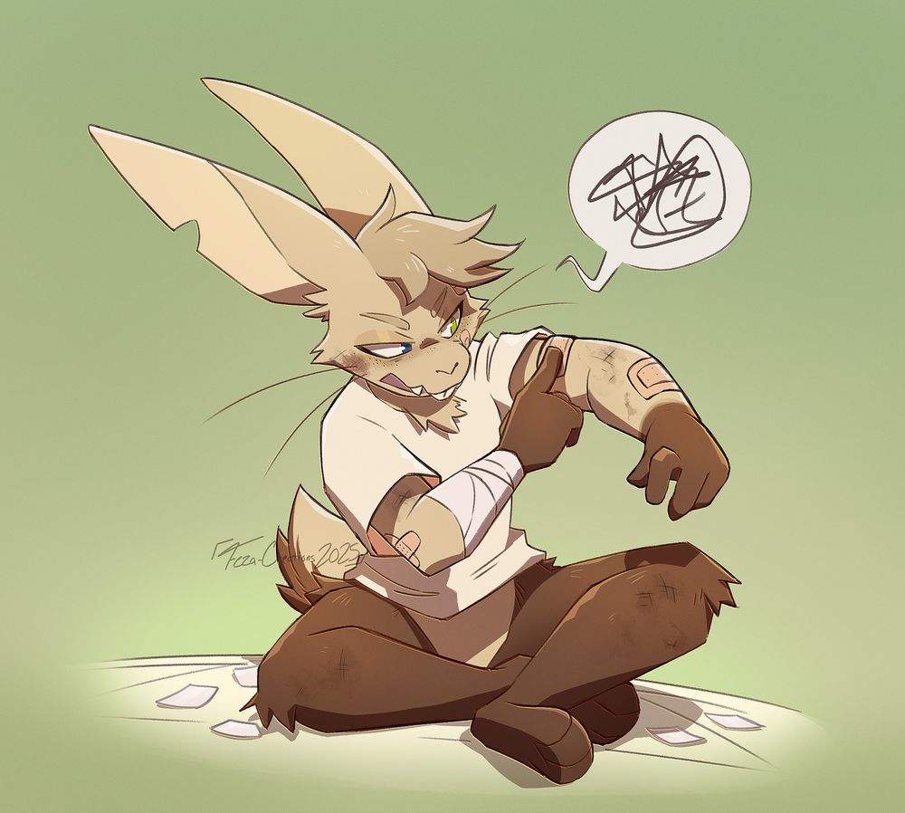 A rabbit character, that looks somewhat beat up, placing bandages on a couple wounds while cursing. Bandaid wrappers can be seen on the ground.