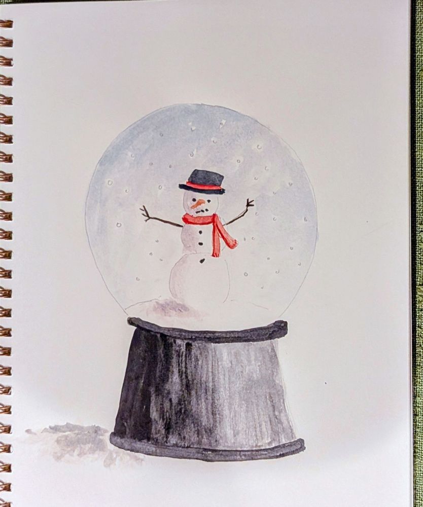 Watercolor painting from Emily Lex watercolor workbook, a snowman inside a snow globe