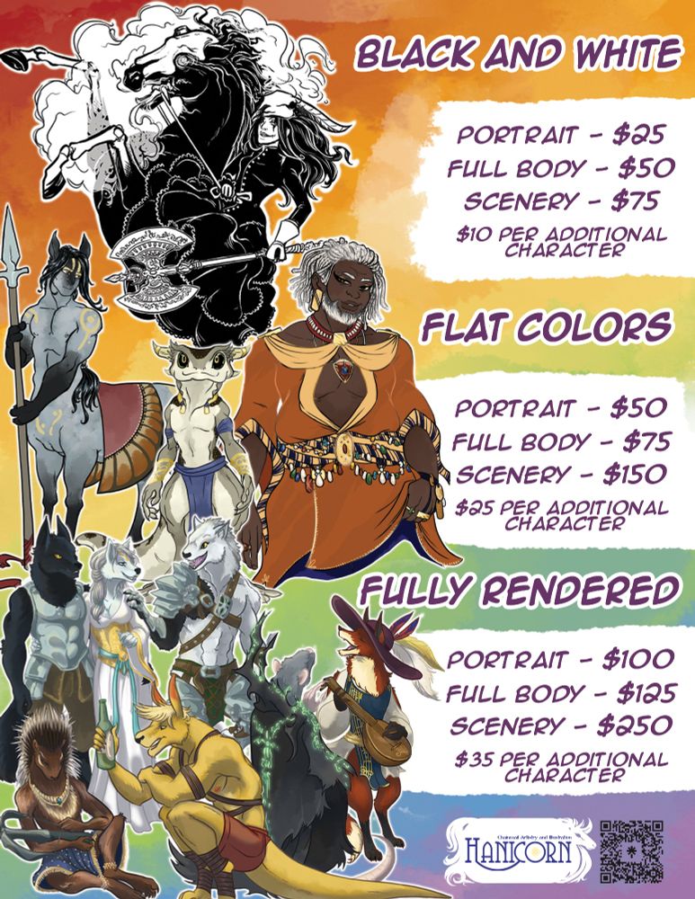 Commission Prices:
Black and White: Portrait $25 Fullbody $50 Scenery $75; $10 per additional characters
Flat Colors: Portrait $50 Fullbody $75 Scenery $150; $25 per additional characters
Fully Rendered: Portrait $100 Fullbody $125 Scenery $250; $35 per additional characters