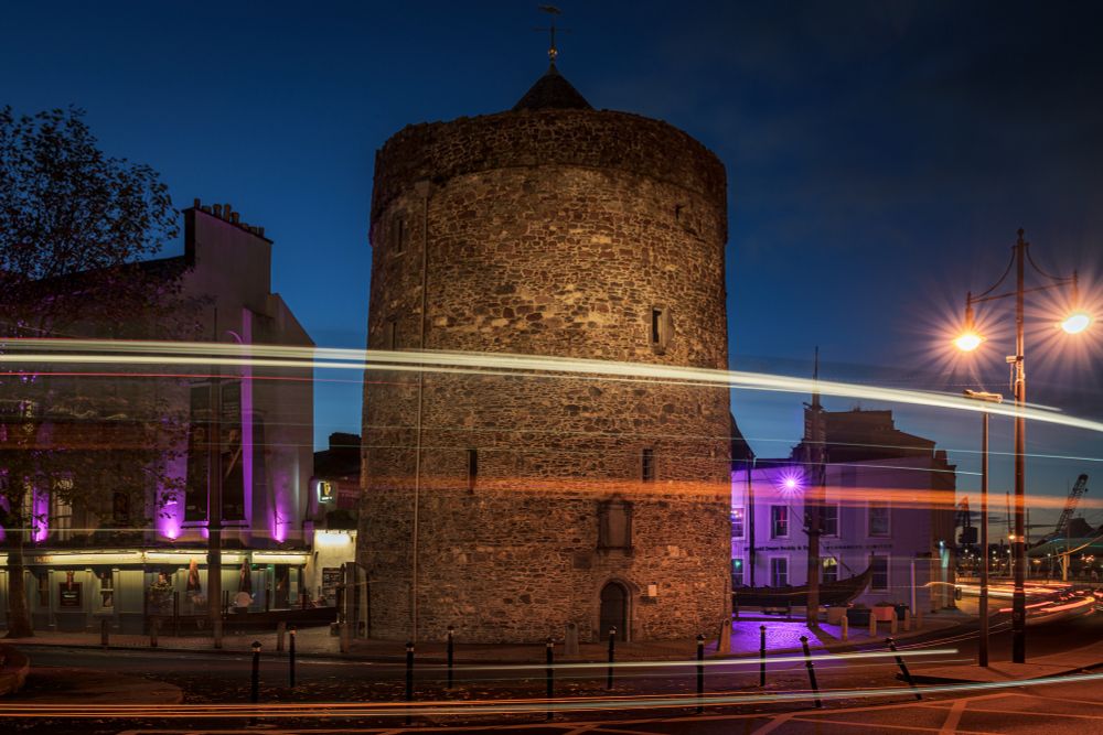 Long exposure photograph of Reginald’s Tower in Viking Triangle of Waterford City, Ireland. 