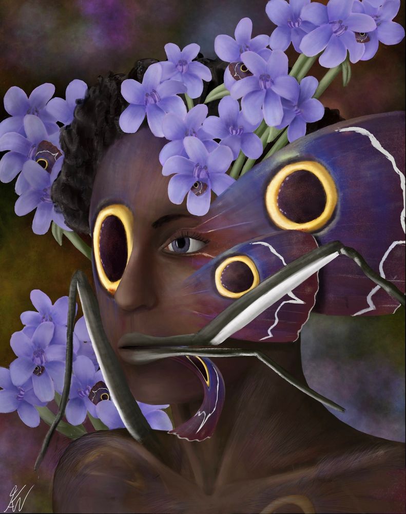 Surreal portrait of a dark skinned woman with purple butterfly wing and flowers coming out of her face. There are also two butterfly legs coming out of her mouth and one out of her shoulder.