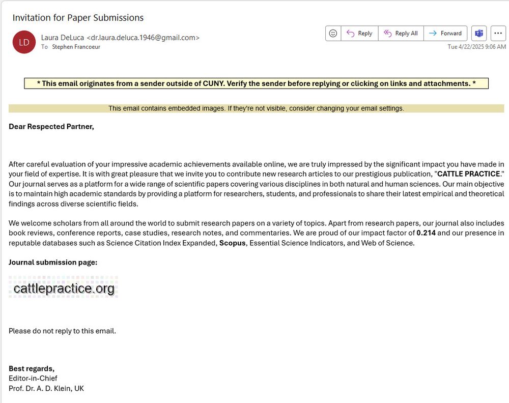 Screenshot of email invite to contribute to a journal called "Cattle Practice."