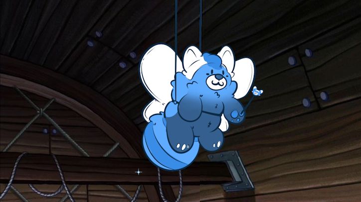 A screencap from the Spongebob Squarepants Movie, where spongebob is dangling from the ceiling, except with Cherry's character edited over it