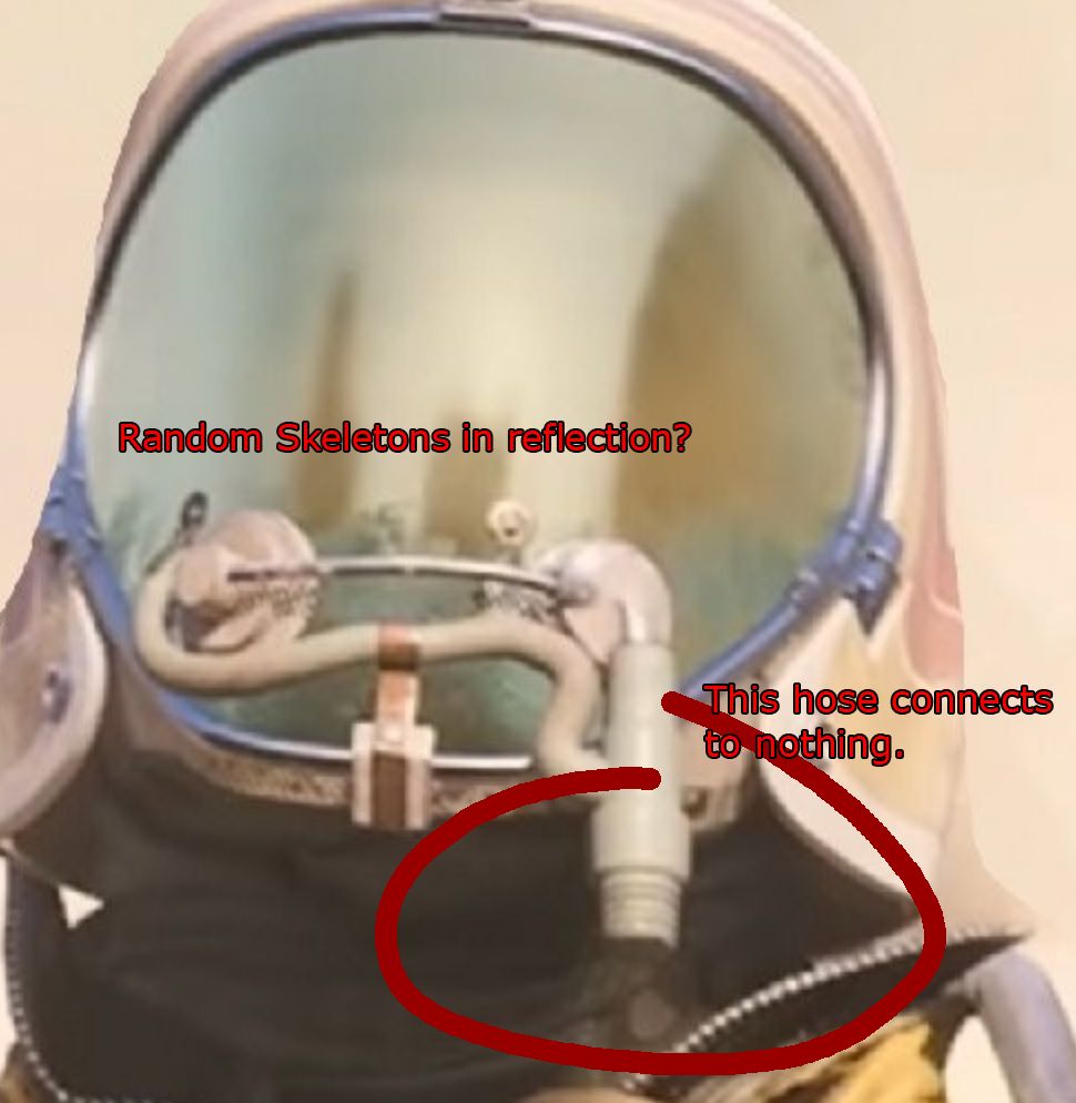 A close up of the helmet from a shot from the game arc raiders. It's made with garbage GenAI, which never does anything right. It shows random skeletons in the reflection of his mask and a weird hose connected device on the front of the helmet that connects to nothing.