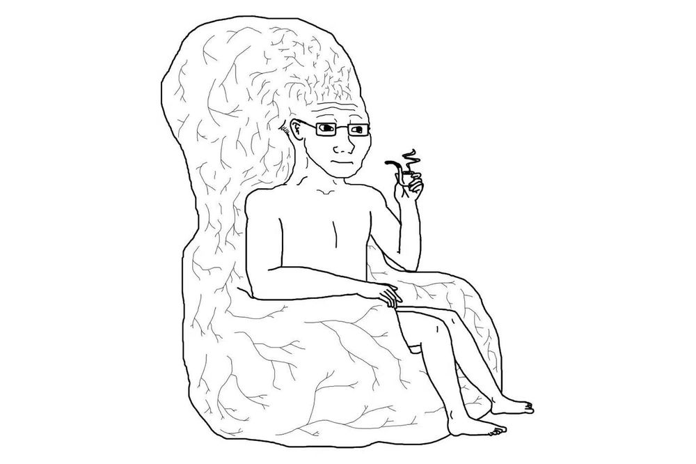 um meme de um cara sentado sobre uma cabeça tão inteligente que ela se torna uma cadeira