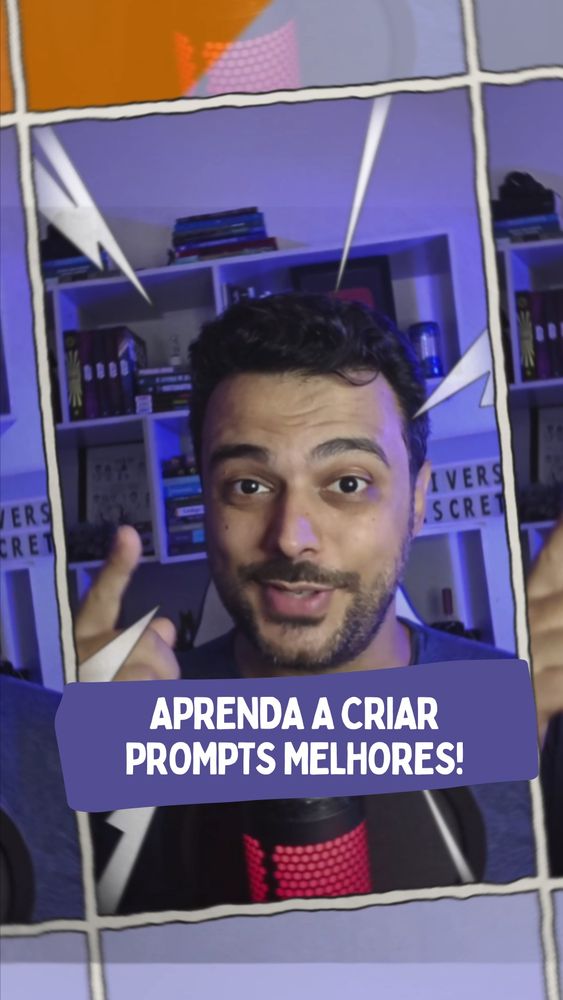 Imagem de capa de um vídeo curto do canal Universo Discreto. Lucas aparece ao centro, com um fundo de prateleiras contendo livros e objetos decorativos. A imagem tem um efeito de quadrinhos, com bordas desenhadas e balões de fala estilizados. No centro inferior, há um texto em destaque dentro de um balão azul escrito em letras brancas: 'APRENDA A CRIAR PROMPTS MELHORES!'. Lucas está apontando para a câmera com expressão animada, e um microfone vermelho aparece na parte inferior da imagem.