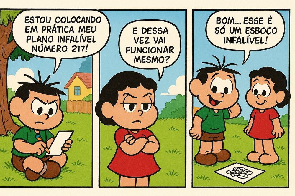 Tirinha colorida em três painéis, com estilo infantil inspirado na Turma da Mônica.

Painel 1: Em um bairro ensolarado, um menino de cabelo espetado (camisa verde, bermuda marrom) está sentado sob uma árvore, segurando lápis e papel com expressão determinada. Ele diz: “Estou clocando em plática meu plano infalível número 217!” Uma menina de cabelo cacheado curto e vestido vermelho se aproxima, curiosa.

Painel 2: Close na menina, de braços cruzados e olhar cético. Ela pergunta: “E dessa vez vai funcionar mesmo?”

Painel 3: O menino sorri sem jeito, coça a cabeça, enquanto o papel escorrega da mão. No chão, o “plano” é um rabisco ilegível. Ele responde: “Bom… esse é só um esboço infalível!”