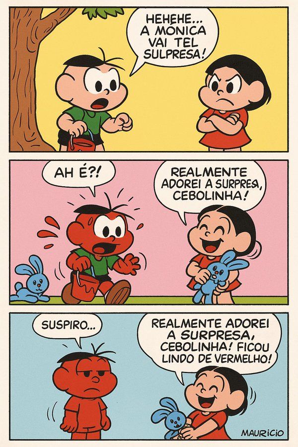 Quadrinho da Turma da Mônica em três cenas.
Cena 1: À esquerda, Cebolinha está debaixo de uma árvore, com expressão maliciosa e mãos juntas. Ele diz: "Hehehe... A Mônica vai ter sulpresa!". À direita, Mônica está de braços cruzados, com expressão séria e desconfiada.
Cena 2: Cebolinha aparece completamente vermelho, com olhos arregalados e expressão de susto. Seu coelhinho azul caiu no chão. Mônica, feliz e segurando o coelhinho, diz sorrindo: "Realmente adorei a surpresa, Cebolinha!".
Cena 3: Cebolinha está desanimado, ainda todo vermelho, com os braços caídos e expressão de frustração. Um balão de fala mostra ele suspirando: "Suspiro...". Mônica, ainda sorrindo com o coelhinho no colo, completa: "Realmente adorei a surpresa, Cebolinha! Ficou lindo de vermelho!". No canto inferior direito, há a assinatura do autor, Mauricio.