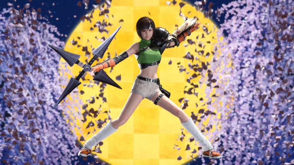 Yuffie posing in front of a full moon and tree leefs