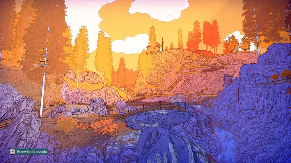 a mountain forest path baked in golden sunlight, some buildings visible in the distance