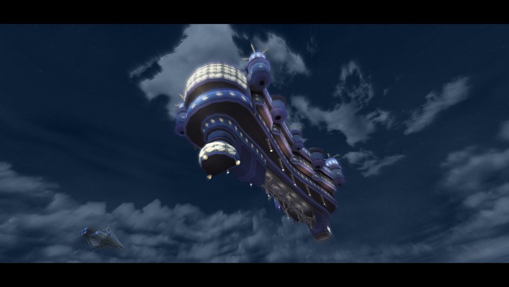 blurry screenshot of two airshps, one giant, and one quite small and nimble