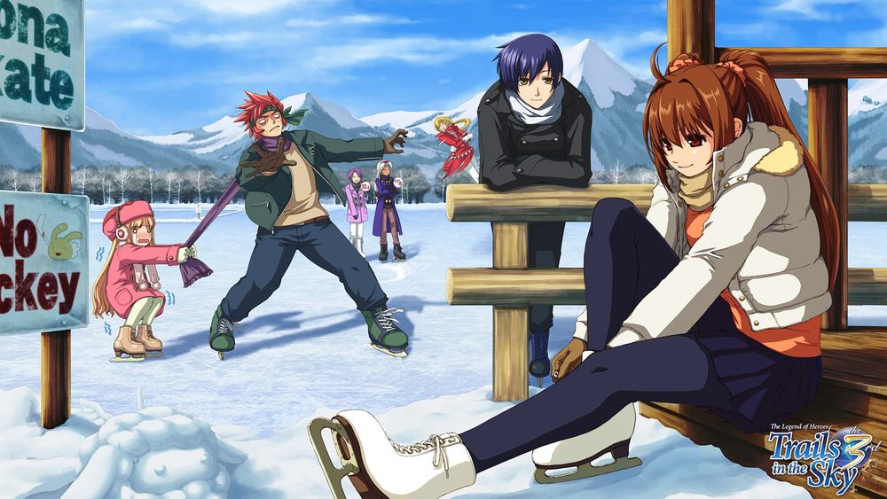 Anime characters playing in an ice skate ring, one gentleman in the background is pulling off some sweeeeeeeeeeeeeeeeeeeeeet pirouettes 