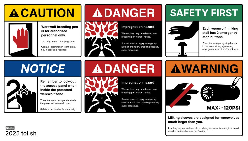 A set of workplace safety signs with some graphics redrawn to look like werewolf paws. (And also some added nudity)

"Caution: Werewolf breeding pen is for authorized personnel only. You may be hurt or impregnated. Contact insemination team at ext. 609 if access is required."

"Notice: Remember to lock-out the access panel when inside the protected werewolf zone. There are no access panels inside the protected werewolf zone. Safety is our third or fourth priority."

"Danger: Impregnation hazard! Werewolves may be released into breeding pen without notice. If alarm sounds, apply emergency lube kit and follow breeding casualty event procedure."

"Safety First: Each werewolf milking stall has 2 emergency stop buttons. Press the emergency stop button in the event of any ejaculatory emergency, even if you're not sure."

"Warning: Milking sleeves are designed for werewolves much larger than you. Inserting any appendage into a milking sleeve while energized could result in serious harm or nullification."