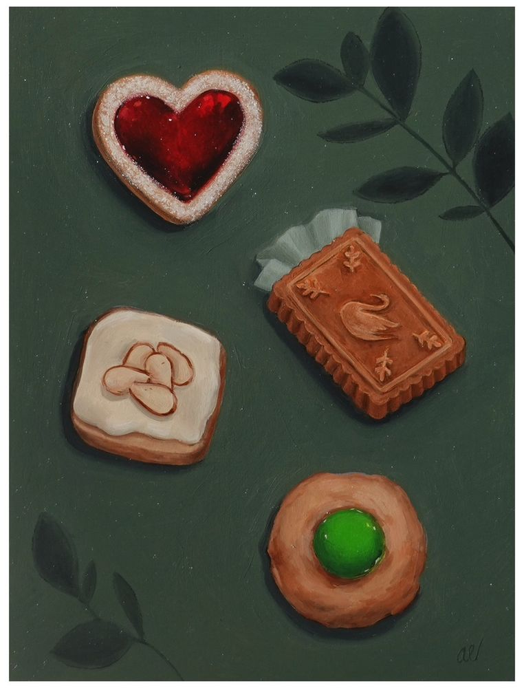 Cookies, biscuits, secret delights, imaginary with swan imprint and green candied flavors under the shadows of leaves. 