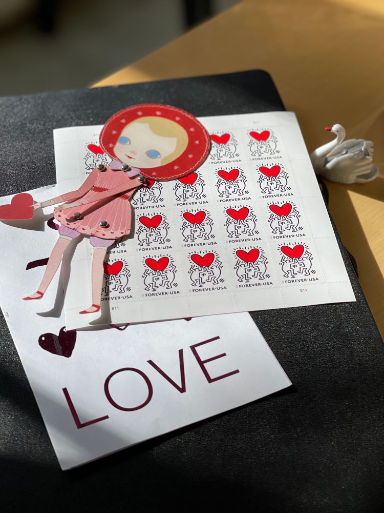 Valentine paper doll made by the artist around 2010 + Keith Haring stamps + swan pencil sharpener, etc 