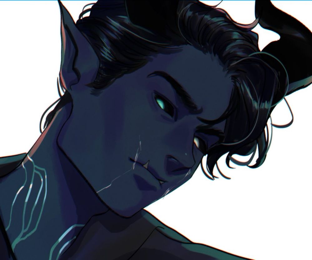 commission of a blue tiefling by artist starrydrama; he has dark blue hair, cybernetic tattoos, orc tusks, and heterochromatic eyes 