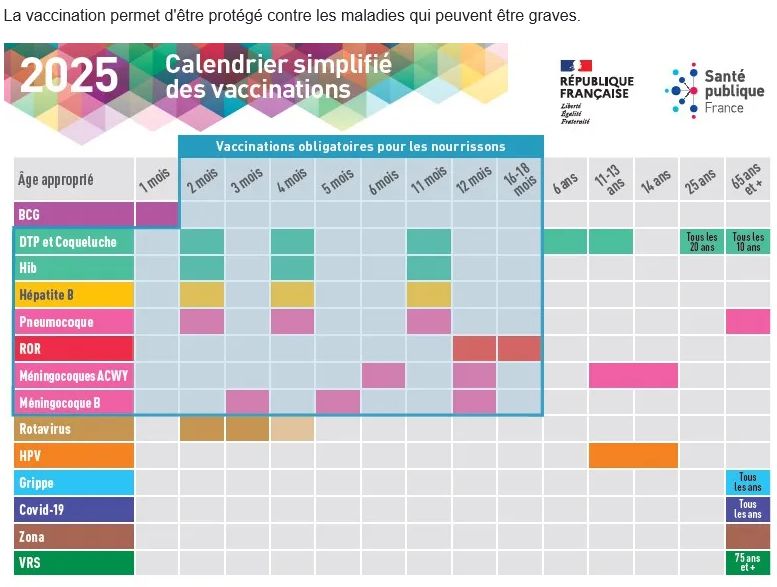 calendrier vaccinal 2025. Dans la ligne COVID19, aucun carré n'apparait avant 65 ans et plus.