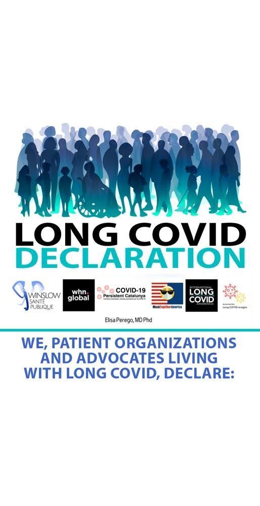 Top visual shows an illustration of a crowd of all ages, including some visibly disabled people in silhouettes of blue and teal. The title below the graphic has âLong COVIDâ in black and âDeclarationâ in teal. Below the title is a list of logos from six organizations, including Winslow SantĂ© Publique, WHN Global, COVID-19 Persistent Catalunya, MaskTogetherAmerica, International LONG COVID Awareness, AsociaciĂłn Long COVID AragĂłn â, and Elisa Perego, MD Phd, writers and organizers of the Declaration.