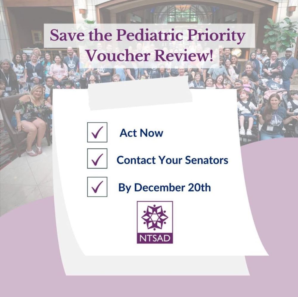 Save the Pediatric Priority Voucher Review!
- Act now!
- Contact Your Senators
- By December 20th
Screenshot from Facebook by NTSAD (National Tay-Sachs & Allied Diseases Association): 
