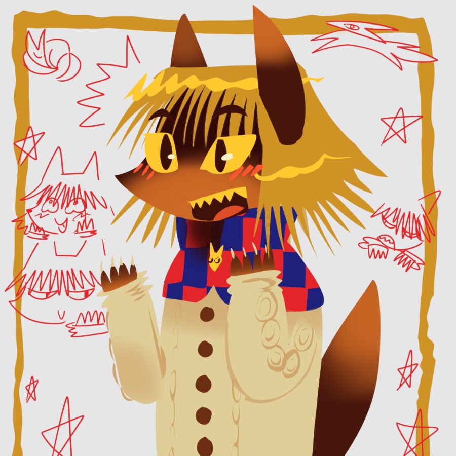 an anthro foxgirl with a shawl and wooden sweater, doodles surround her