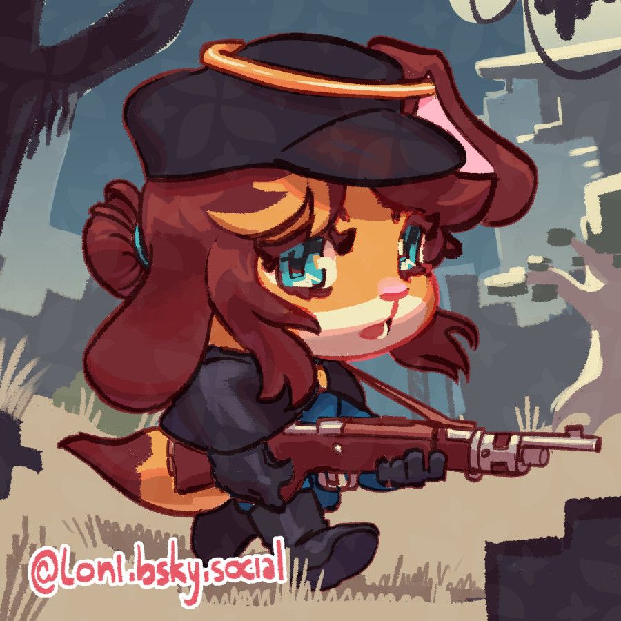 a uniformed angel bunny fox walks around the overgrown ruins of someplace, the atmosphere is cold