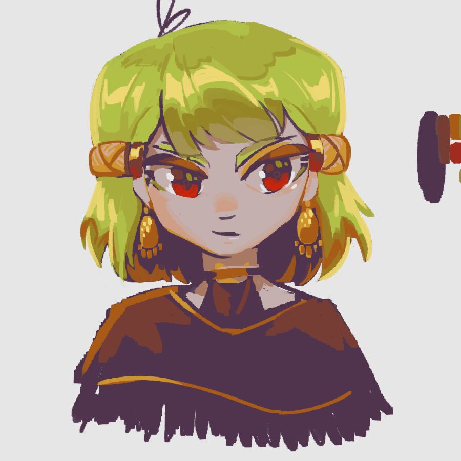a warm painting of a green haired woman with a dark cowl looking to the side