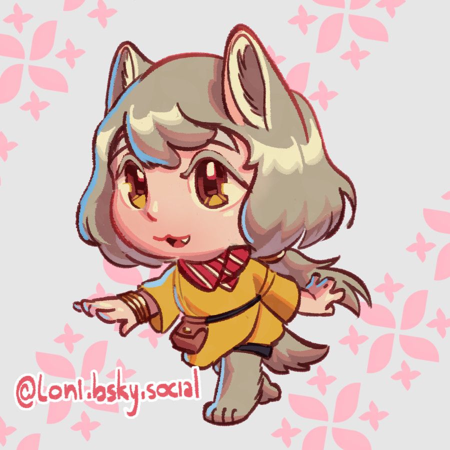 a coyote girl in a simple ochre yellow robe, a striped bandana, and dark shorts, theres a sash with a small bag with a tied to her waist