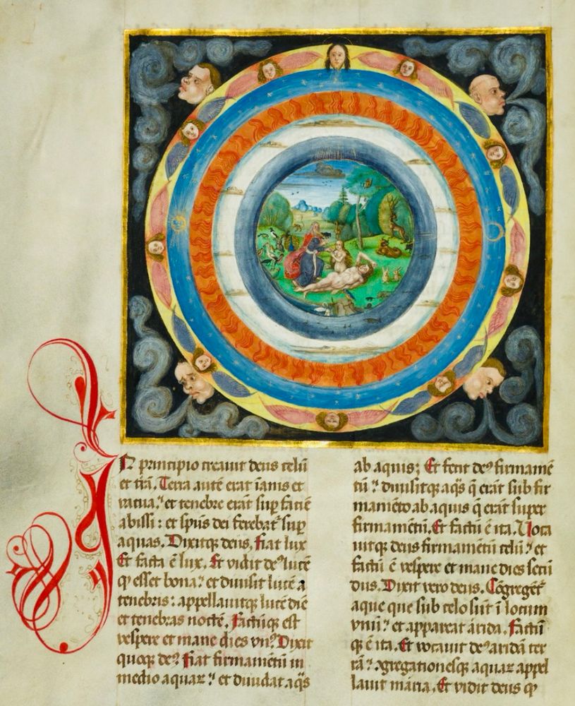 An illustration of the Garden of Eden on a handwritten page from the book of Genesis. 