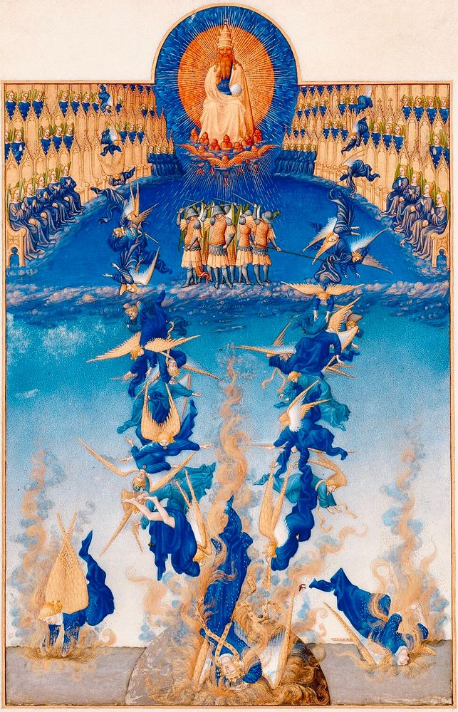God is sitting on his throne surrounded by seraphs as all of the disrespectful angels fall into the fiery chaos of Hell. St Michael and his angels (depicted as knights) fight off the fallen ones. Satan is shown as the first to fall in.