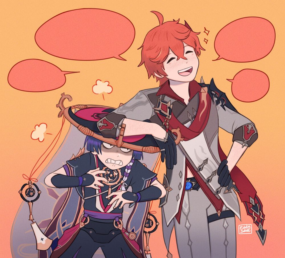 Genshin Impact fanart feat. Childe happily chatting and leaning his arm against the hat of his fellow Fatui harbinger Scaramouche, who is shorter and frothing with rage