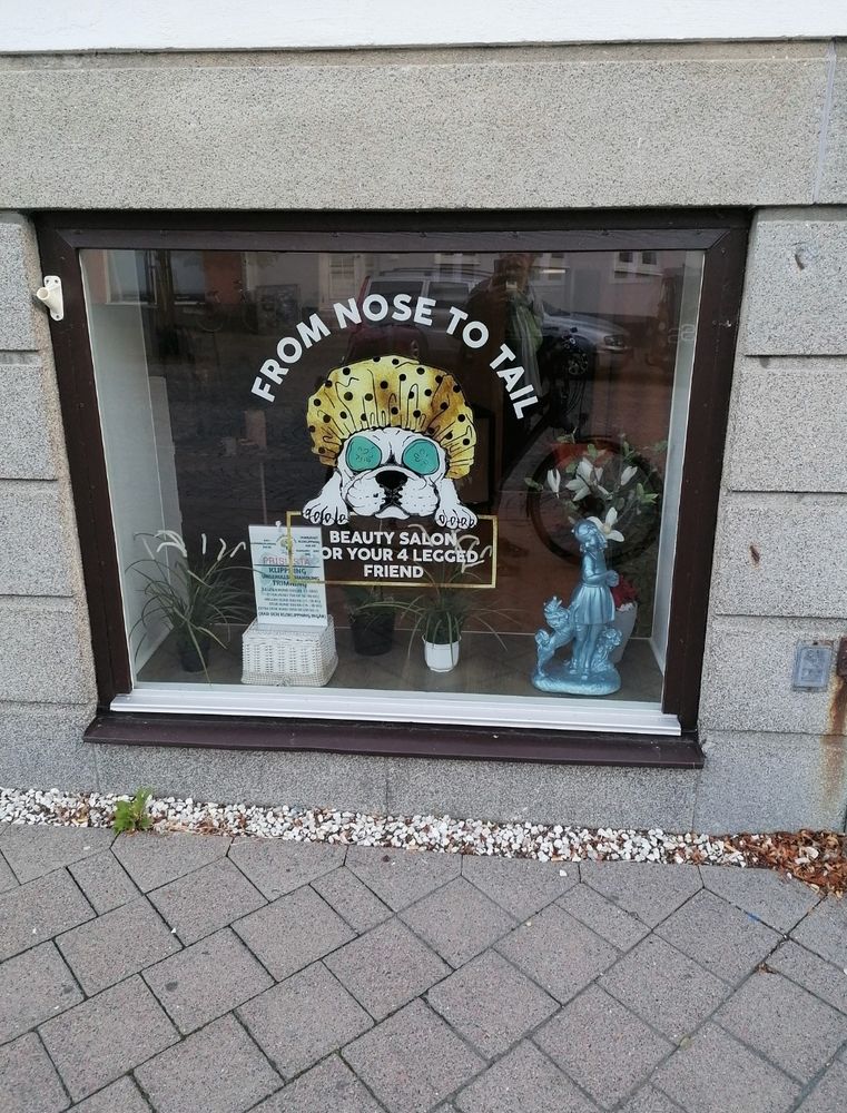 Schaufenster mit dem Ladennamen und der Aufschrift "Beauty salon for your 4 legged friend" und dem gezeichneten Bild eines Hundekopfes mit Duschhaube und Augenmaske. 