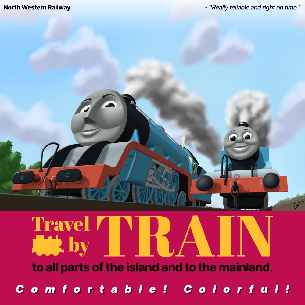 The Down the Mine Pilot Episode versions of Gordon (at the left) and Thomas (at the right) chuffing and puffing out of Knapford Station.

North Western Railway - "Really reliable and right on time."
