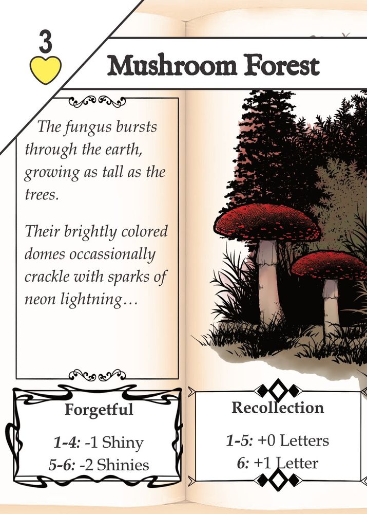 A playing card for the game "A Name For Nobody." The 3 of Hearts, titled "Mushroom Forest." Text box on the left reads: "The fungus bursts through the earth, growing tall as the trees. Their brightly colored domes occassionally crackle with sparks of neon lightning." On the right is an image of large red mushrooms growing in front of trees. The bottom has two boxes: one labeled "Forgetful" and the other labeled "Recollection".